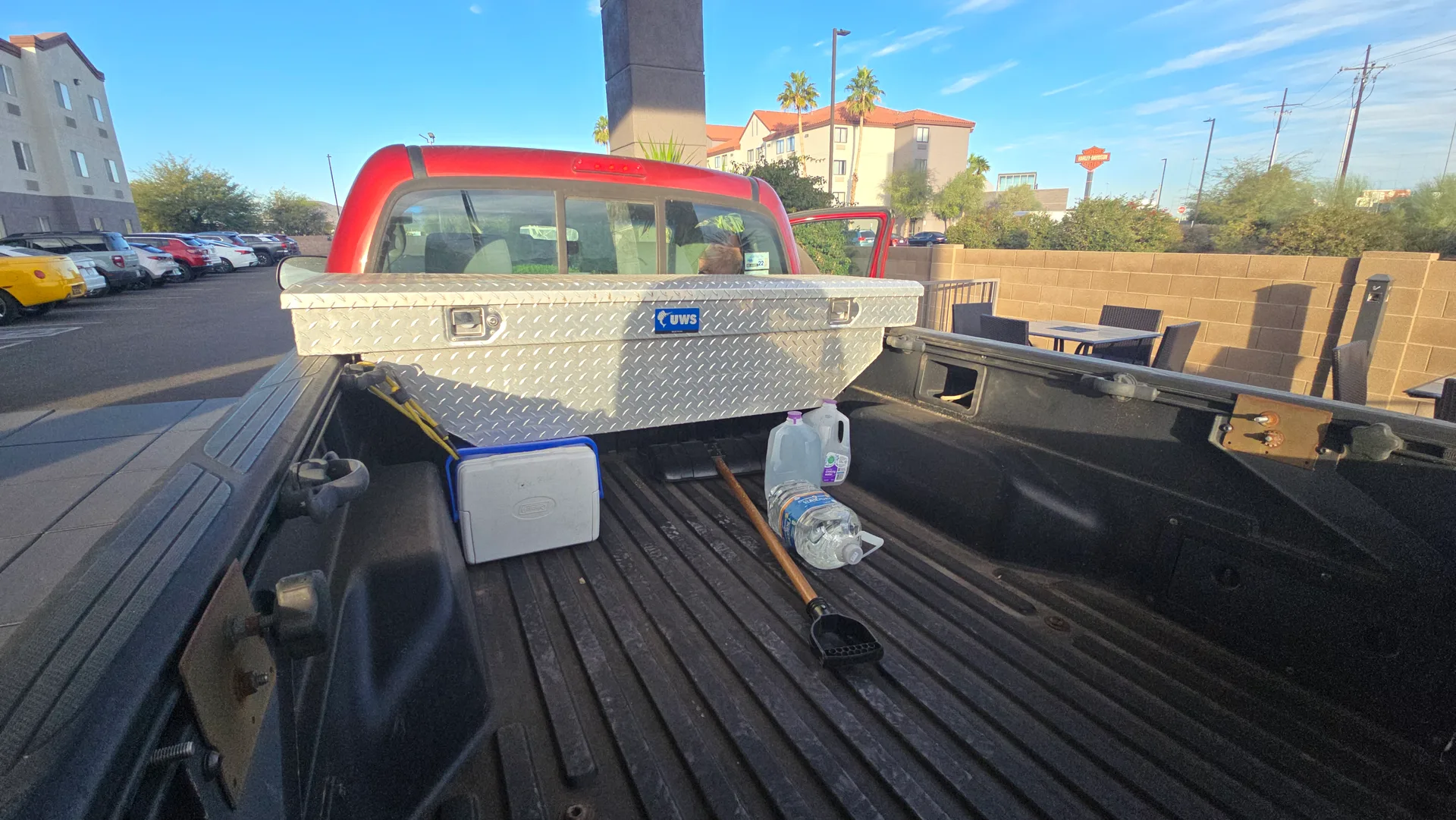Snow shovel still in the truck bed
